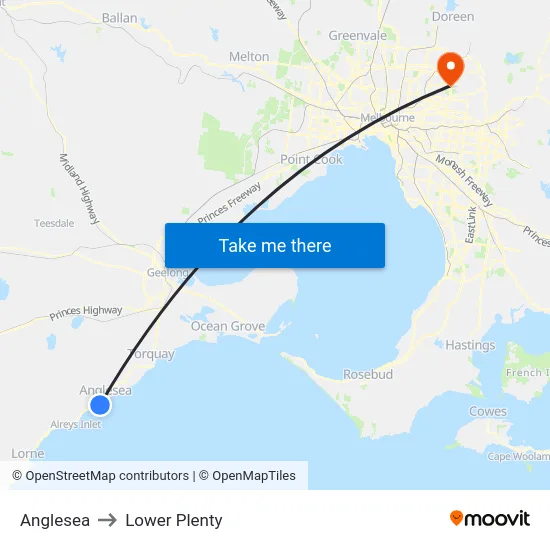 Anglesea to Lower Plenty map