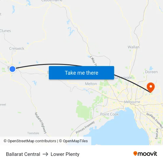 Ballarat Central to Lower Plenty map
