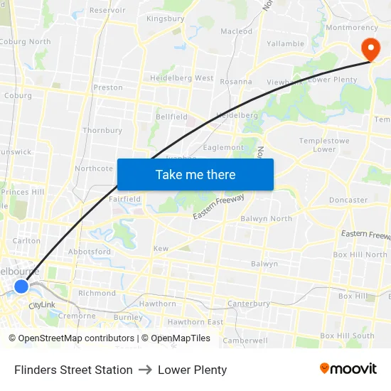 Flinders Street Station to Lower Plenty map