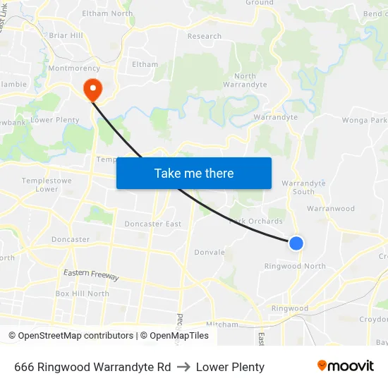 666 Ringwood Warrandyte Rd to Lower Plenty map