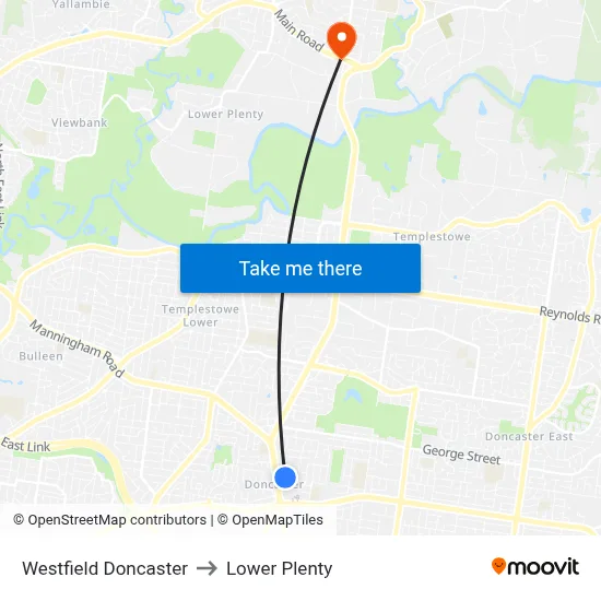 Westfield Doncaster to Lower Plenty map