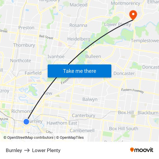 Burnley to Lower Plenty map