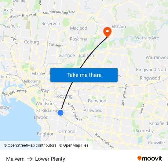 Malvern to Lower Plenty map