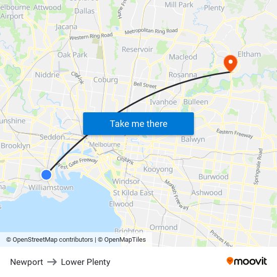 Newport to Lower Plenty map