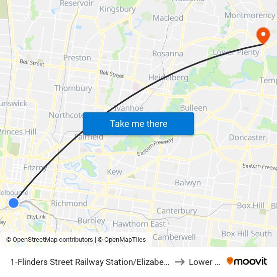 1-Flinders Street Railway Station/Elizabeth St (Melbourne City) to Lower Plenty map