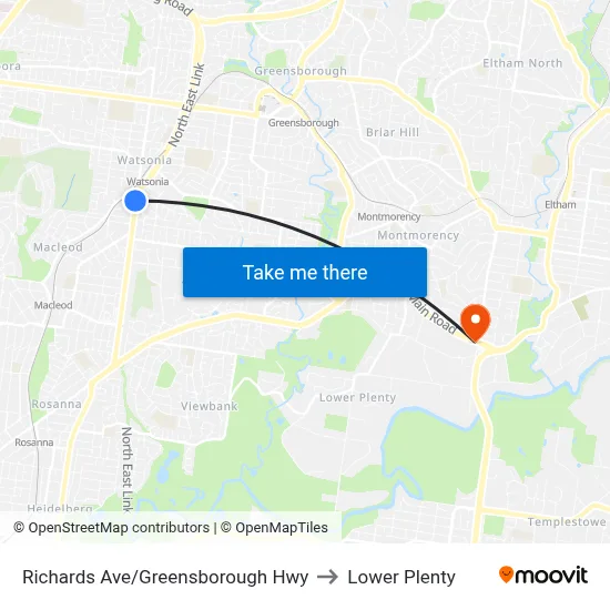Richards Ave/Greensborough Hwy to Lower Plenty map