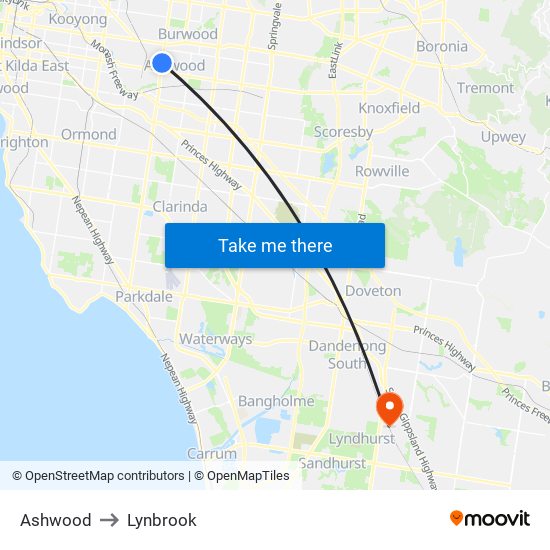 Ashwood to Lynbrook map