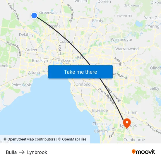 Bulla to Lynbrook map