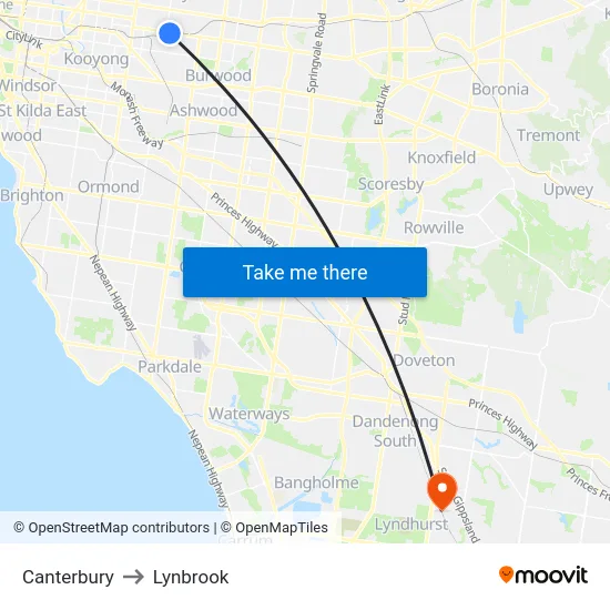 Canterbury to Lynbrook map