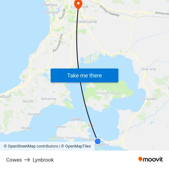 Cowes to Lynbrook map