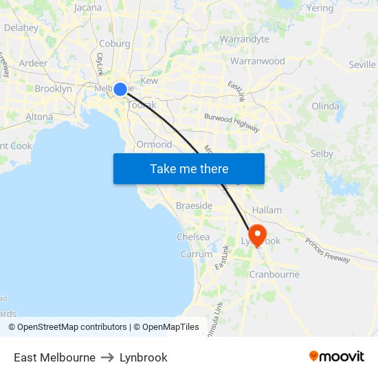 East Melbourne to Lynbrook map
