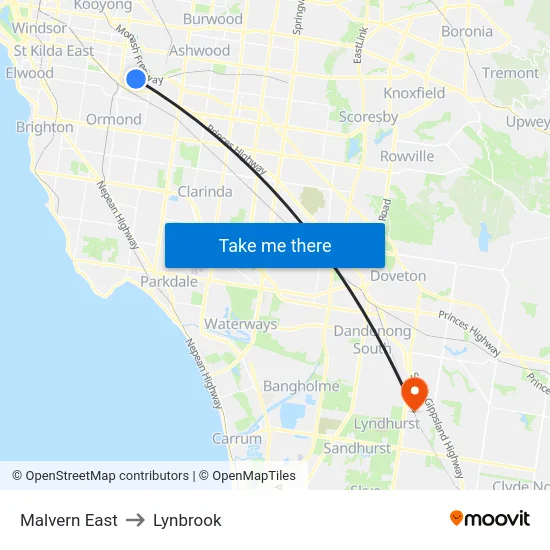 Malvern East to Lynbrook map