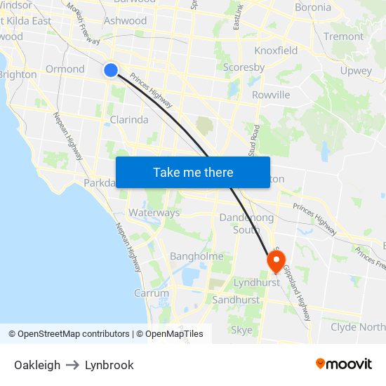 Oakleigh to Lynbrook map