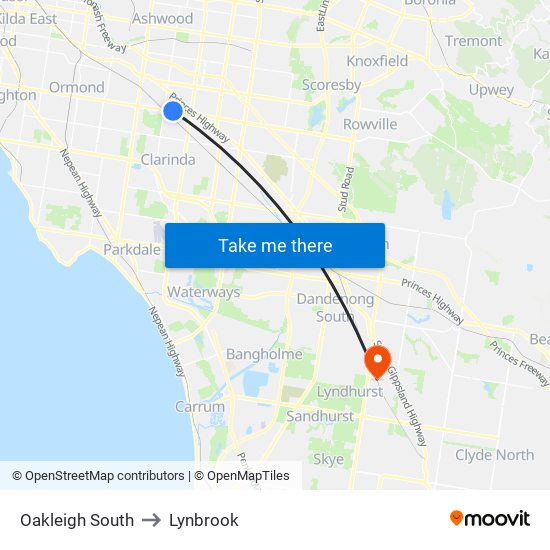 Oakleigh South to Lynbrook map