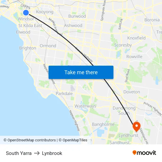 South Yarra to Lynbrook map