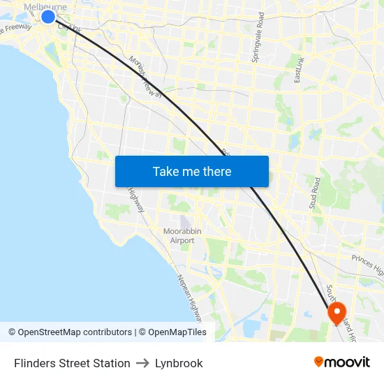 Flinders Street Station to Lynbrook map