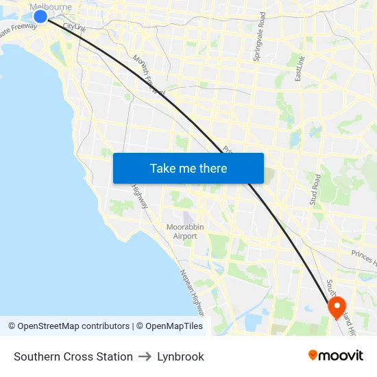 Southern Cross Station to Lynbrook map
