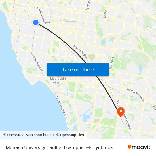 Monash University Caulfield campus to Lynbrook map