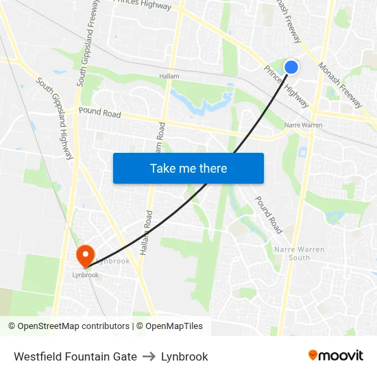 Westfield Fountain Gate to Lynbrook map