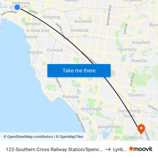 122-Southern Cross Railway Station/Spencer St (Melbourne City) to Lynbrook map