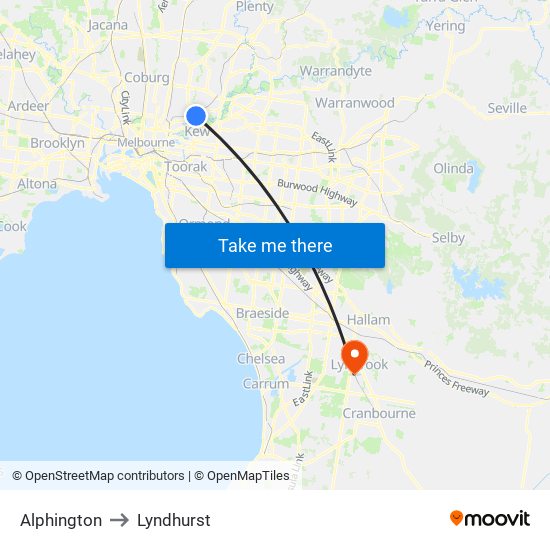 Alphington to Lyndhurst map