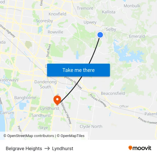 Belgrave Heights to Lyndhurst map