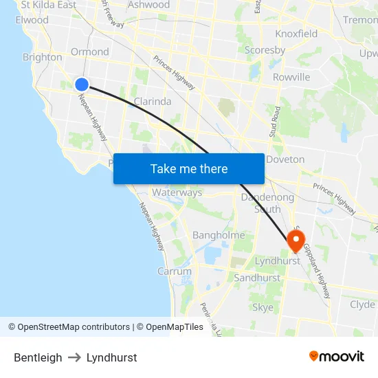 Bentleigh to Lyndhurst map