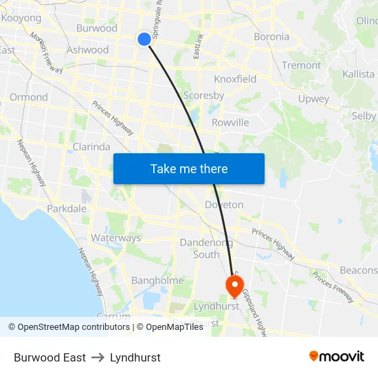 Burwood East to Lyndhurst map