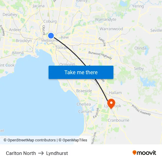 Carlton North to Lyndhurst map