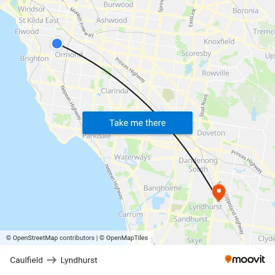 Caulfield to Lyndhurst map