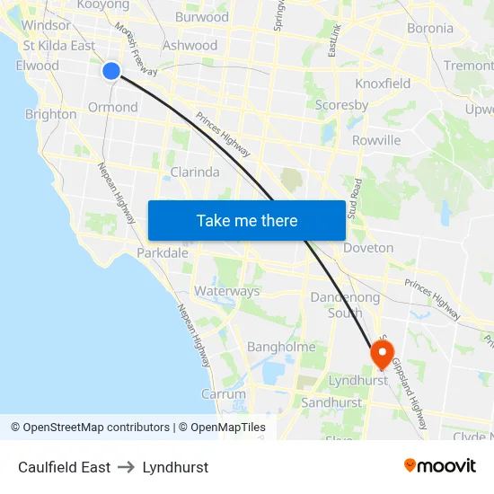 Caulfield East to Lyndhurst map