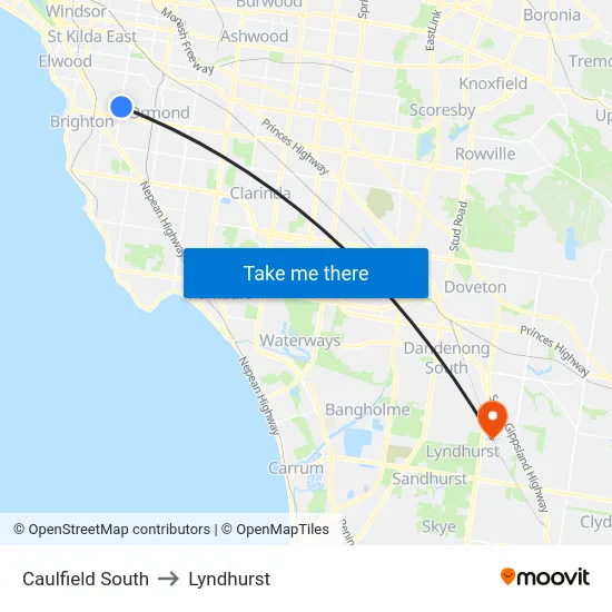 Caulfield South to Lyndhurst map