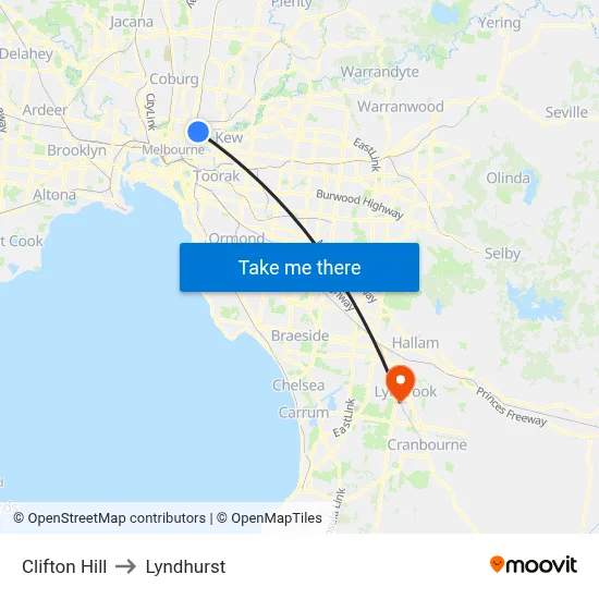 Clifton Hill to Lyndhurst map