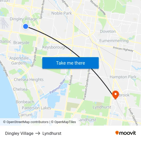 Dingley Village to Lyndhurst map