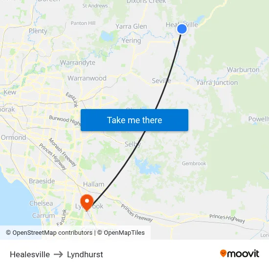 Healesville to Lyndhurst map