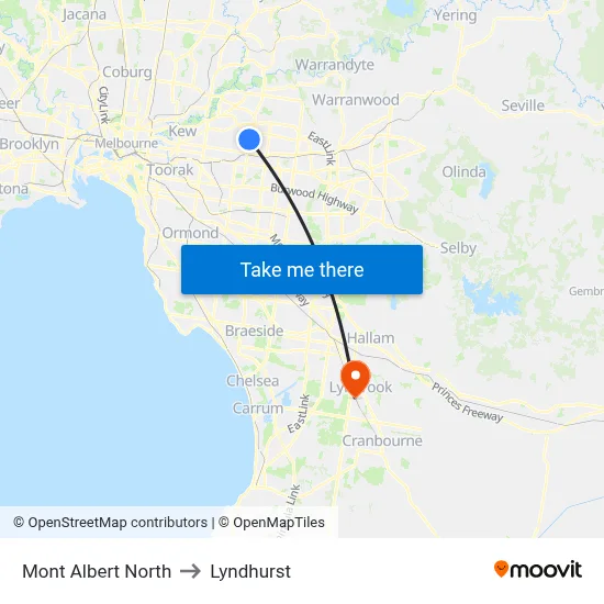 Mont Albert North to Lyndhurst map