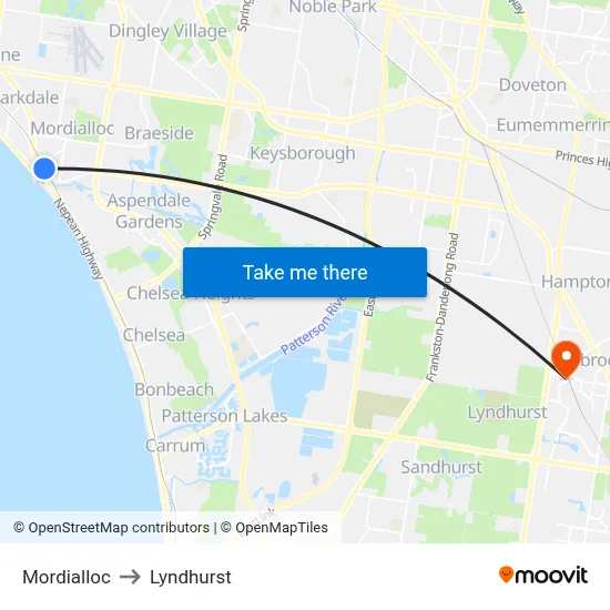 Mordialloc to Lyndhurst map