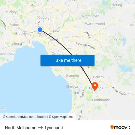 North Melbourne to Lyndhurst map