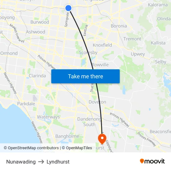 Nunawading to Lyndhurst map