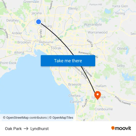 Oak Park to Lyndhurst map