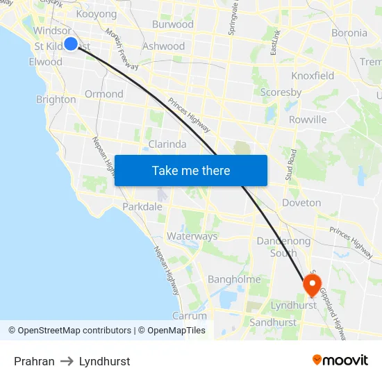 Prahran to Lyndhurst map