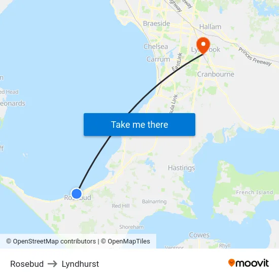 Rosebud to Lyndhurst map