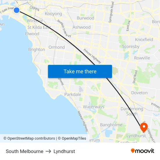 South Melbourne to Lyndhurst map