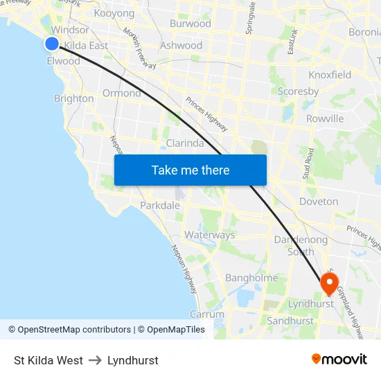 St Kilda West to Lyndhurst map
