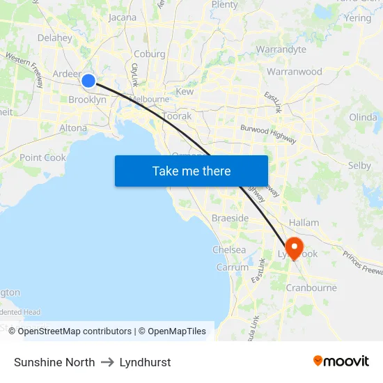 Sunshine North to Lyndhurst map
