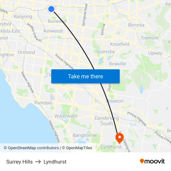 Surrey Hills to Lyndhurst map