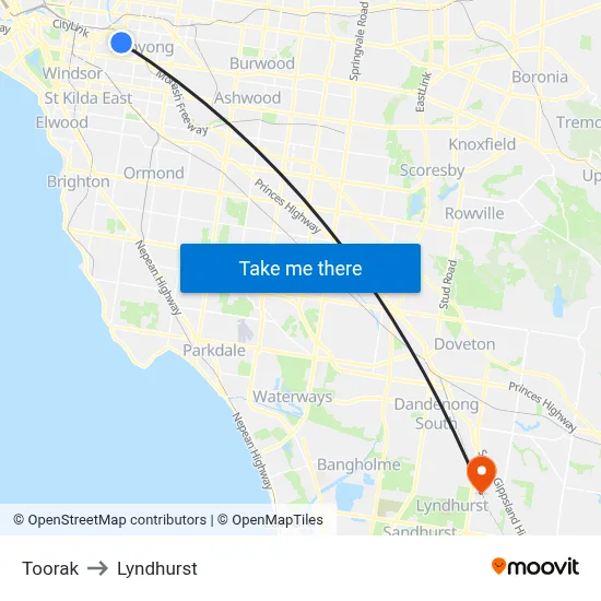 Toorak to Lyndhurst map