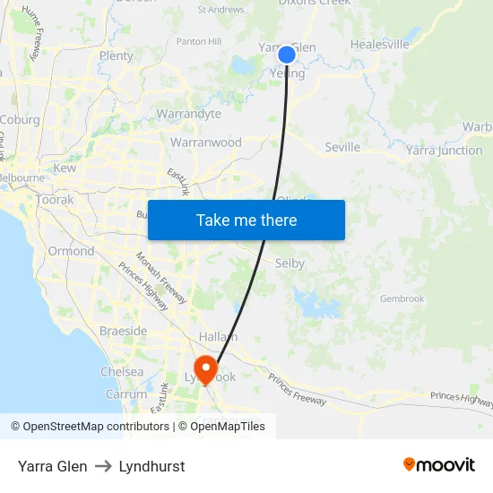 Yarra Glen to Lyndhurst map