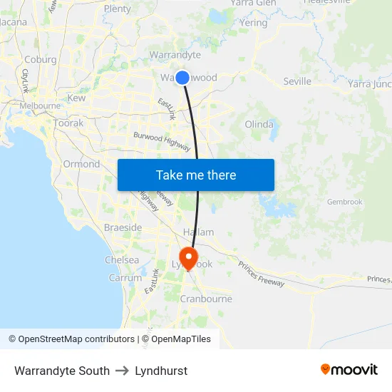 Warrandyte South to Lyndhurst map