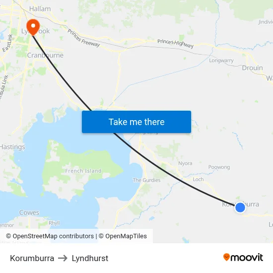 Korumburra to Lyndhurst map
